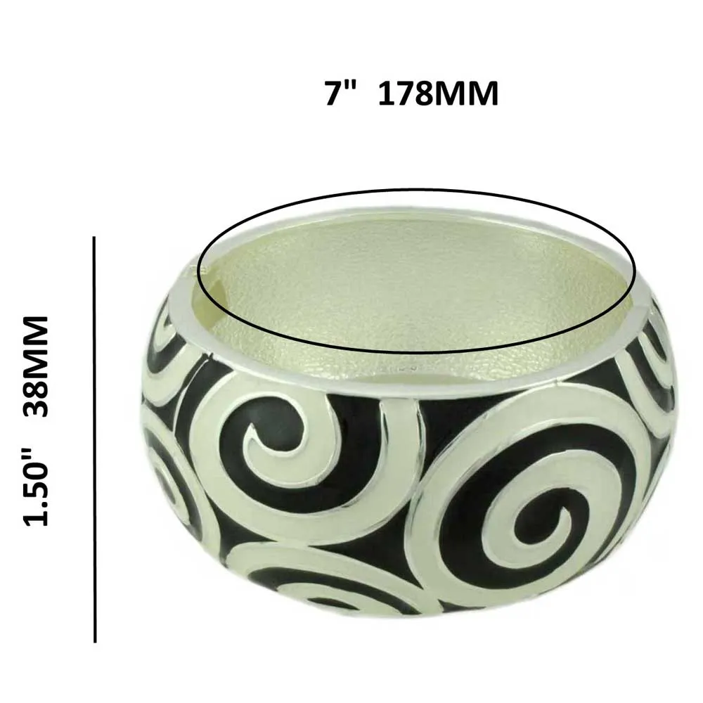Black Enamel with White Enamel Swirls Hinged Bangle - BG507