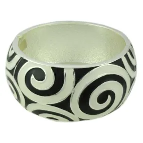 Black Enamel with White Enamel Swirls Hinged Bangle - BG507