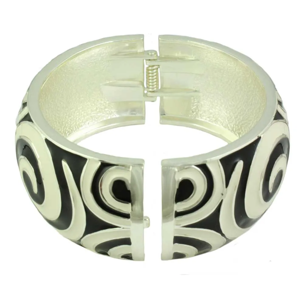 Black Enamel with White Enamel Swirls Hinged Bangle - BG507