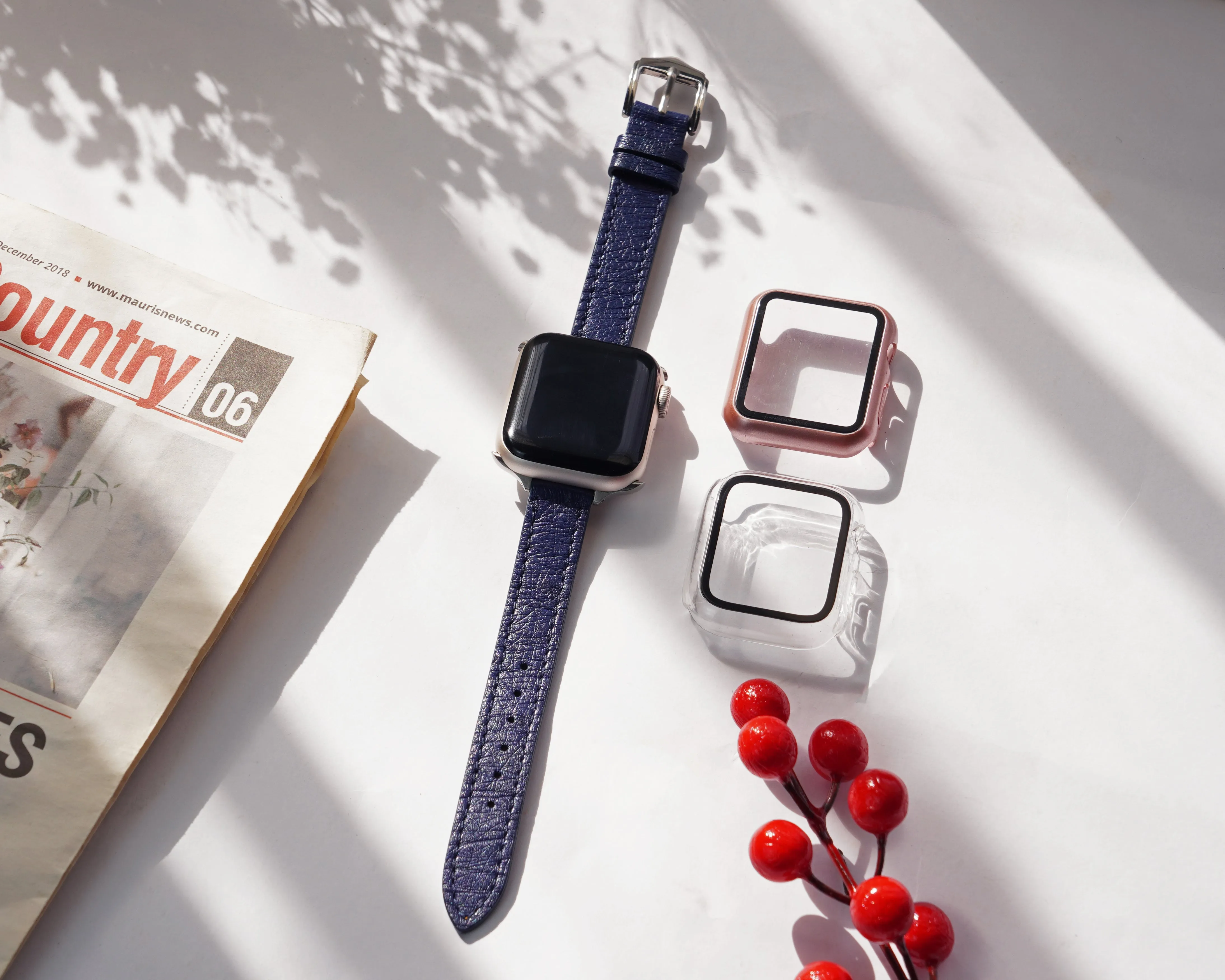 Blue Flat Ostrich Leather Band Compatible Apple Watch Iwatch 42mm Screen Protector Case Black Adapter Replacement Strap For Smartwatch Series 1 2 3 Leather Handmade AW-184S-W-42MM