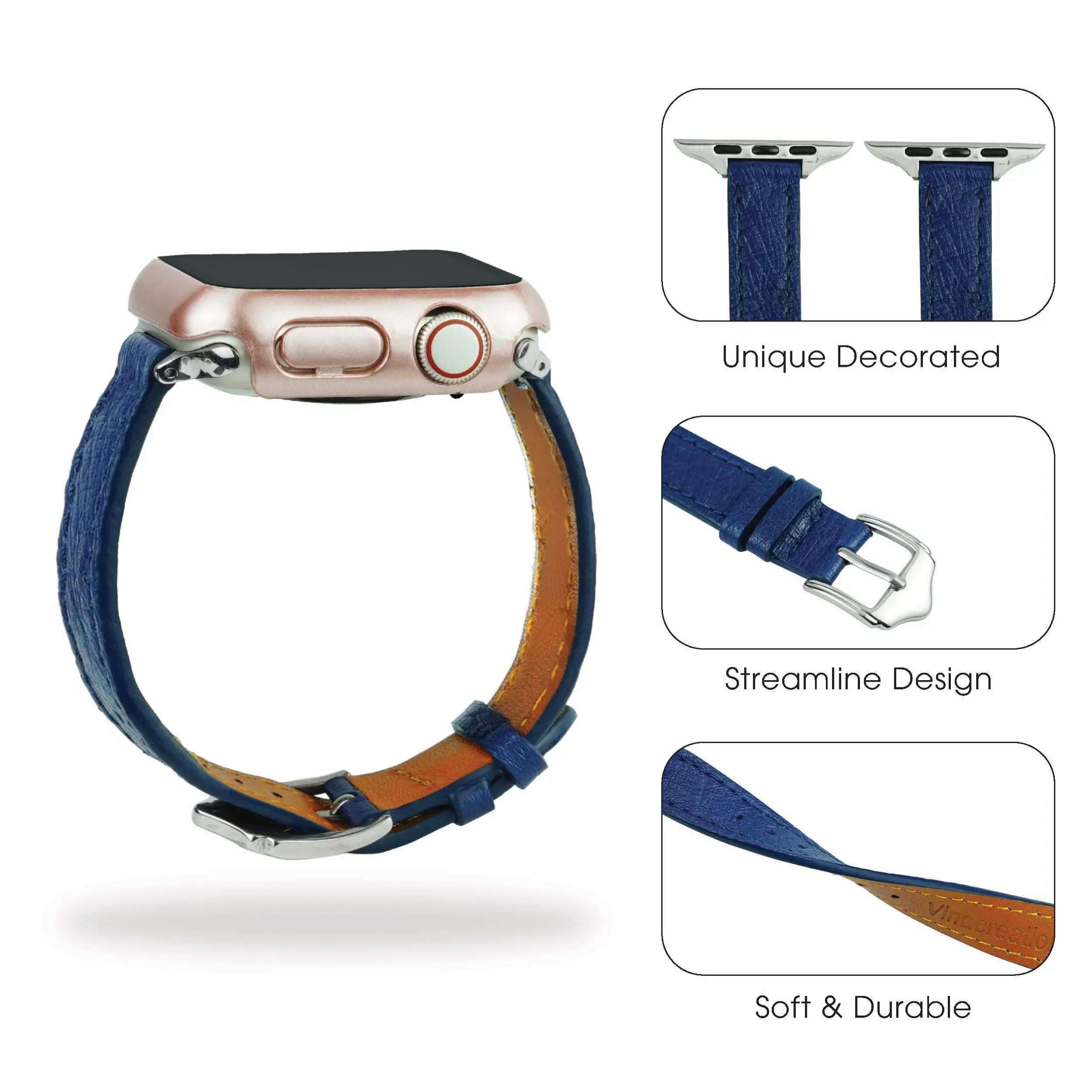 Blue Flat Ostrich Leather Band Compatible Apple Watch Iwatch 42mm Screen Protector Case Black Adapter Replacement Strap For Smartwatch Series 1 2 3 Leather Handmade AW-184S-W-42MM
