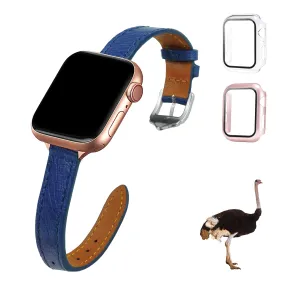 Blue Flat Ostrich Leather Band Compatible Apple Watch Iwatch 42mm Screen Protector Case Black Adapter Replacement Strap For Smartwatch Series 1 2 3 Leather Handmade AW-184S-W-42MM