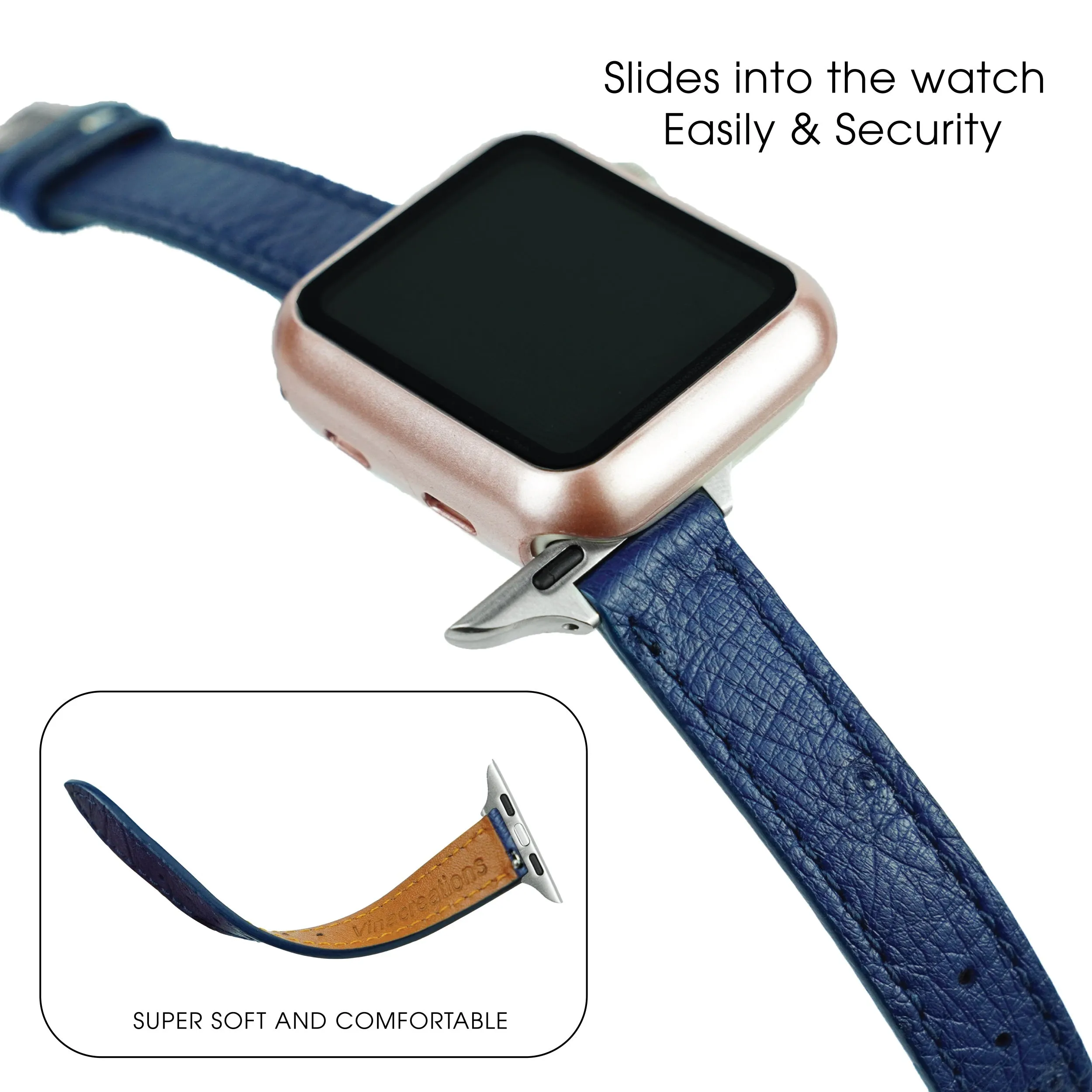 Blue Flat Ostrich Leather Band Compatible Apple Watch Iwatch 42mm Screen Protector Case Black Adapter Replacement Strap For Smartwatch Series 1 2 3 Leather Handmade AW-184S-W-42MM