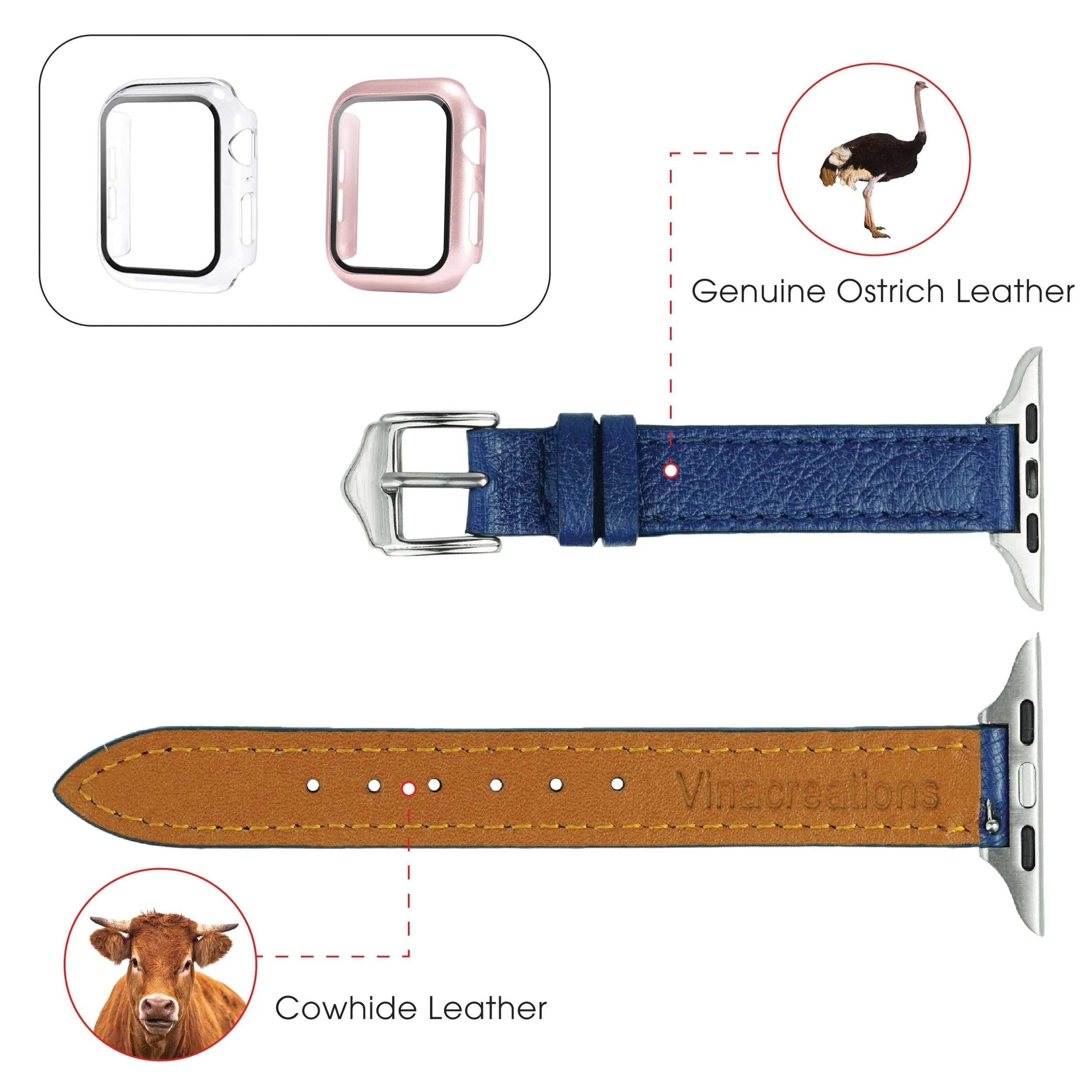 Blue Flat Ostrich Leather Band Compatible Apple Watch Iwatch 42mm Screen Protector Case Black Adapter Replacement Strap For Smartwatch Series 1 2 3 Leather Handmade AW-184S-W-42MM