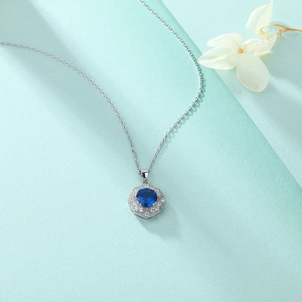 Blue Zircon Soleste Halo Pendant Silver Necklace for Women