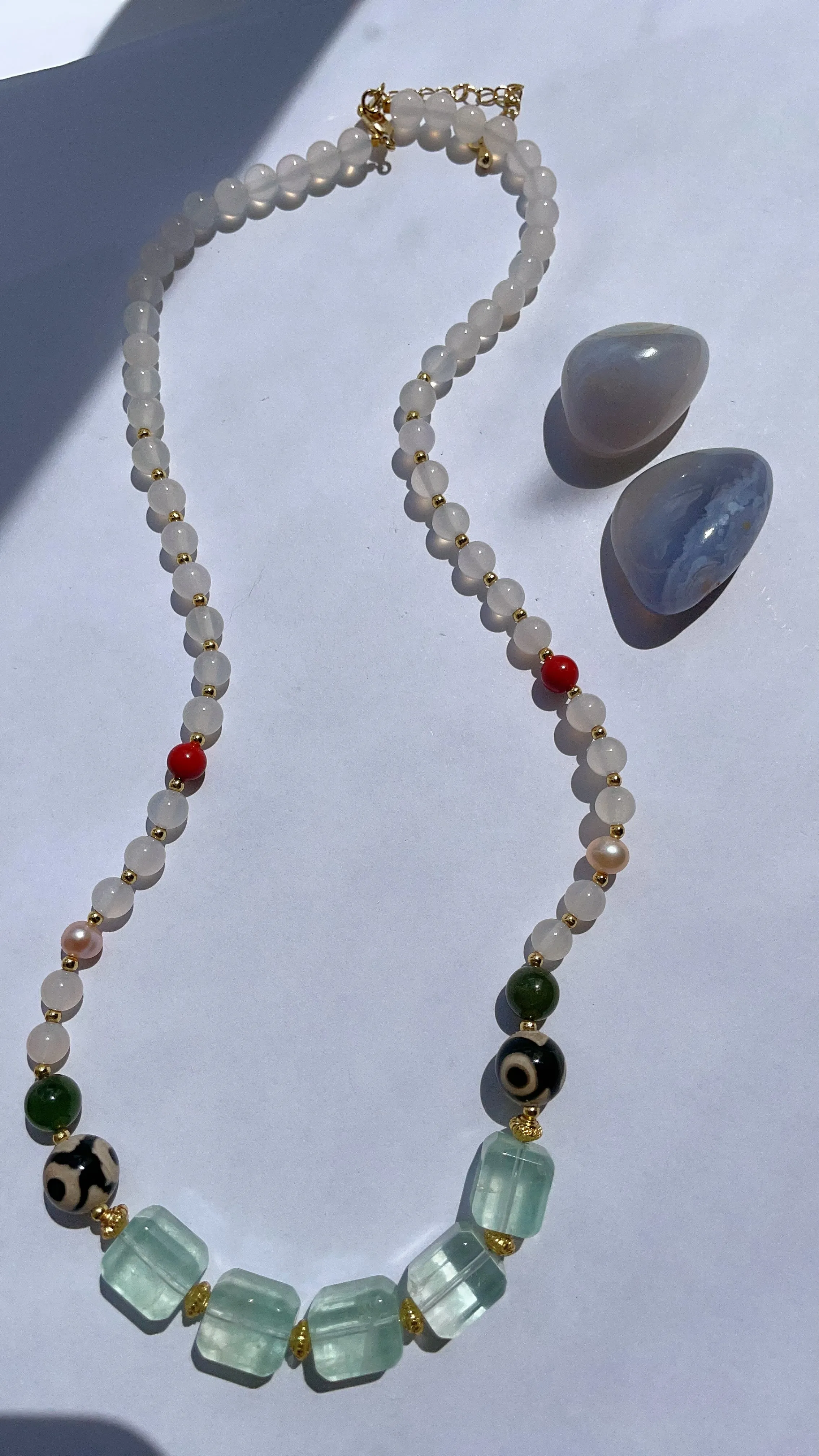 Bring me Peace - Fluorite, White Agate with Tibetan Dzi Necklace Designer