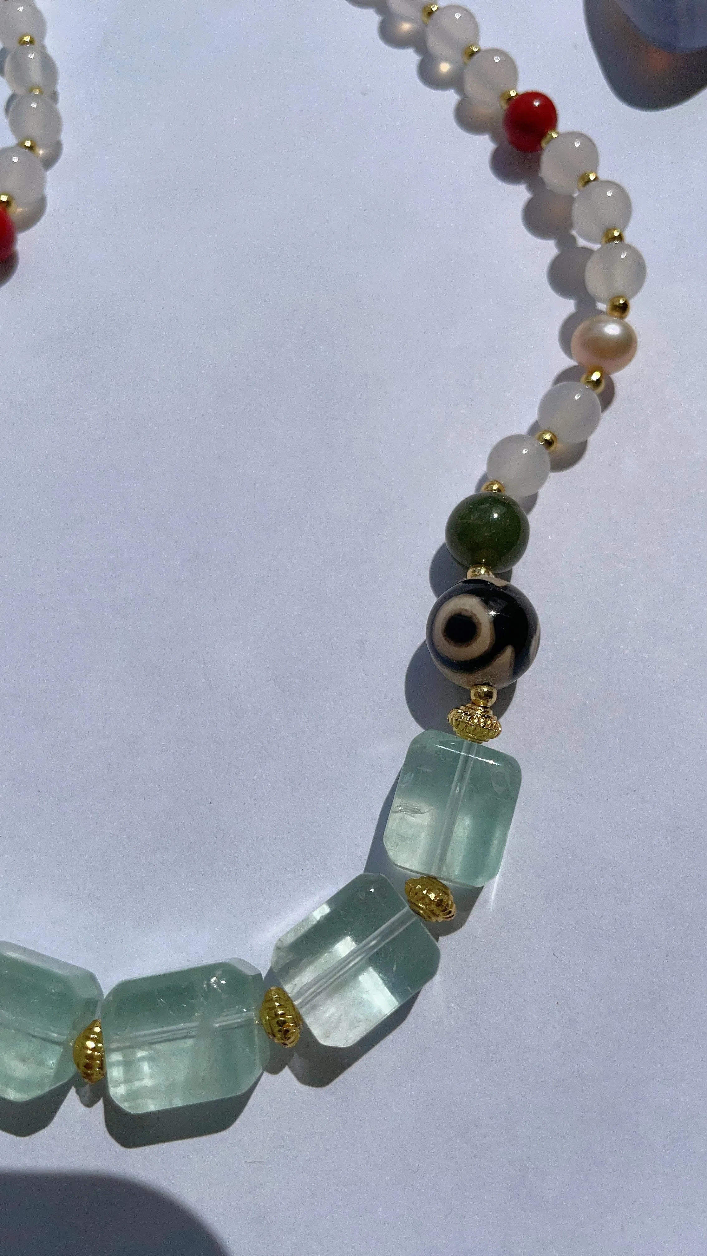 Bring me Peace - Fluorite, White Agate with Tibetan Dzi Necklace Designer