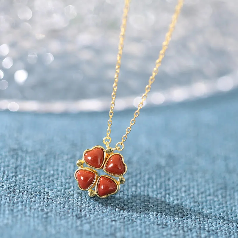 Buddha Stones 925 Sterling Silver Four Leaf Clover White Jade Red Agate Abundance Necklace Pendant