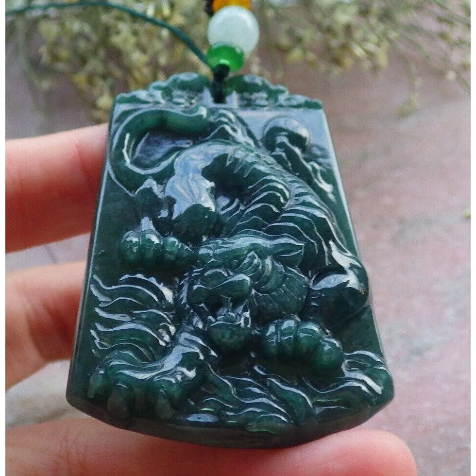 Certified Green Burma 100% Natural A Jade Jadeite Pendant Tiger Necklace