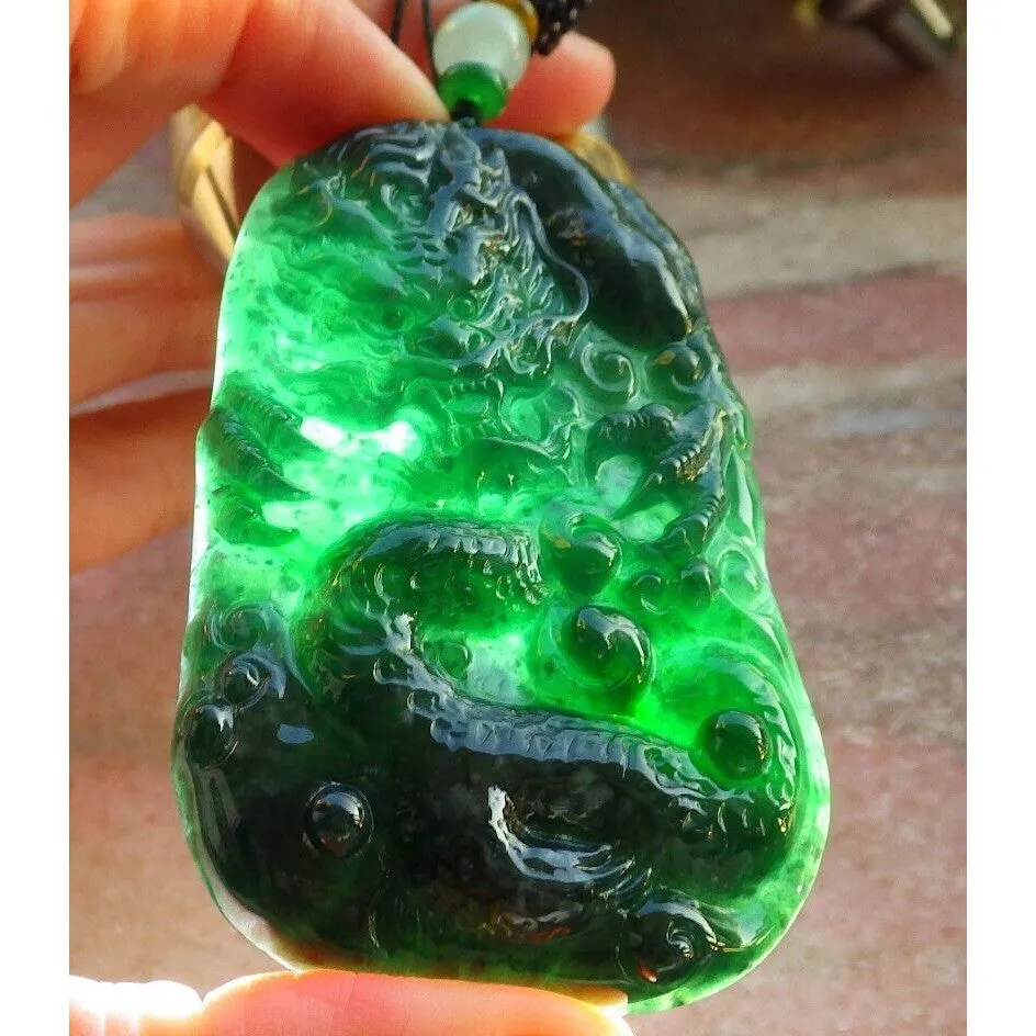 Certified Icy Green 100% Burma Natural A Jade Jadeite Pendant Dragon Necklace