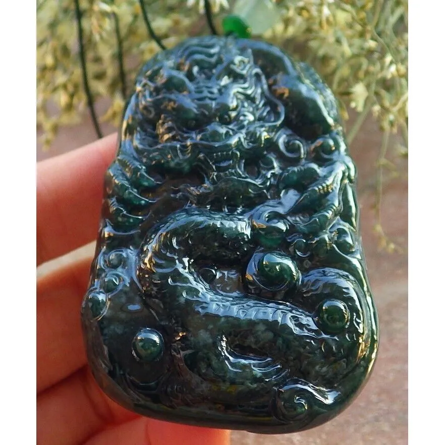Certified Icy Green 100% Burma Natural A Jade Jadeite Pendant Dragon Necklace