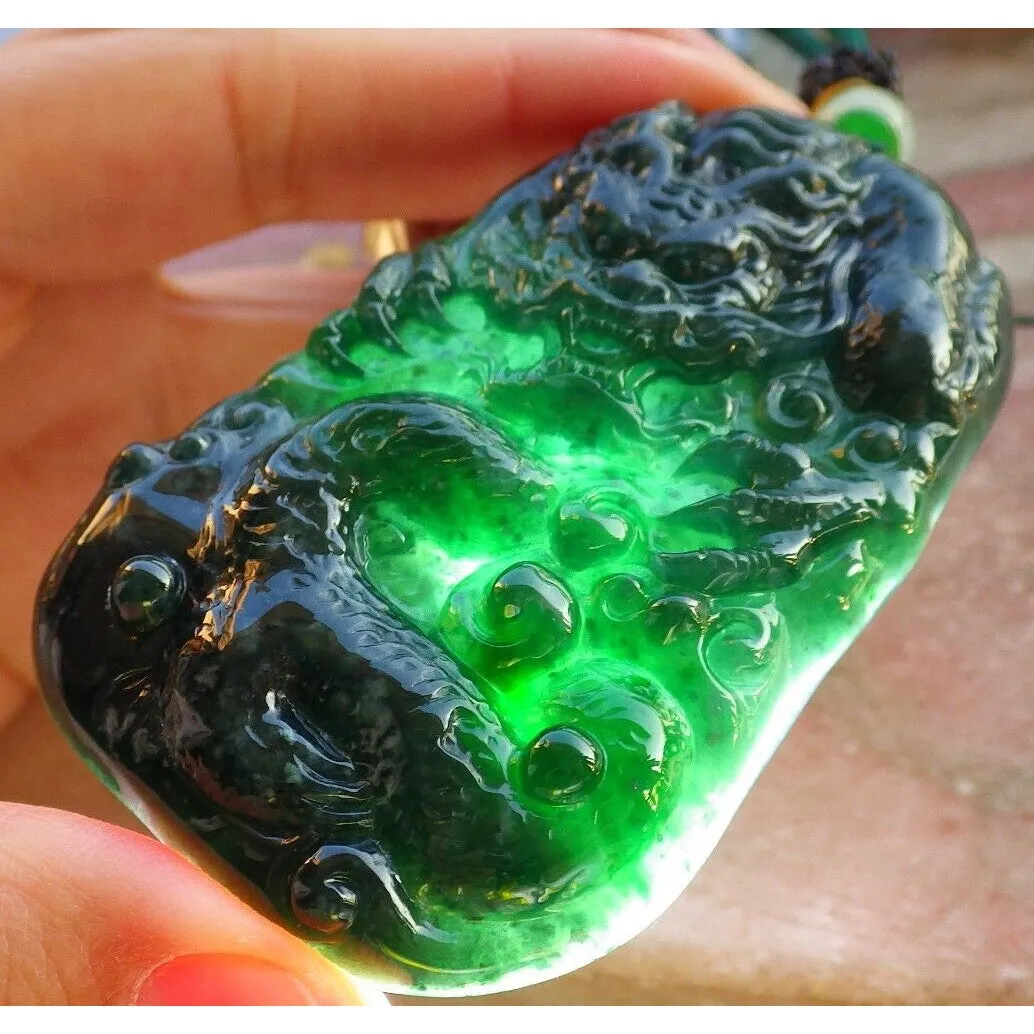 Certified Icy Green 100% Burma Natural A Jade Jadeite Pendant Dragon Necklace