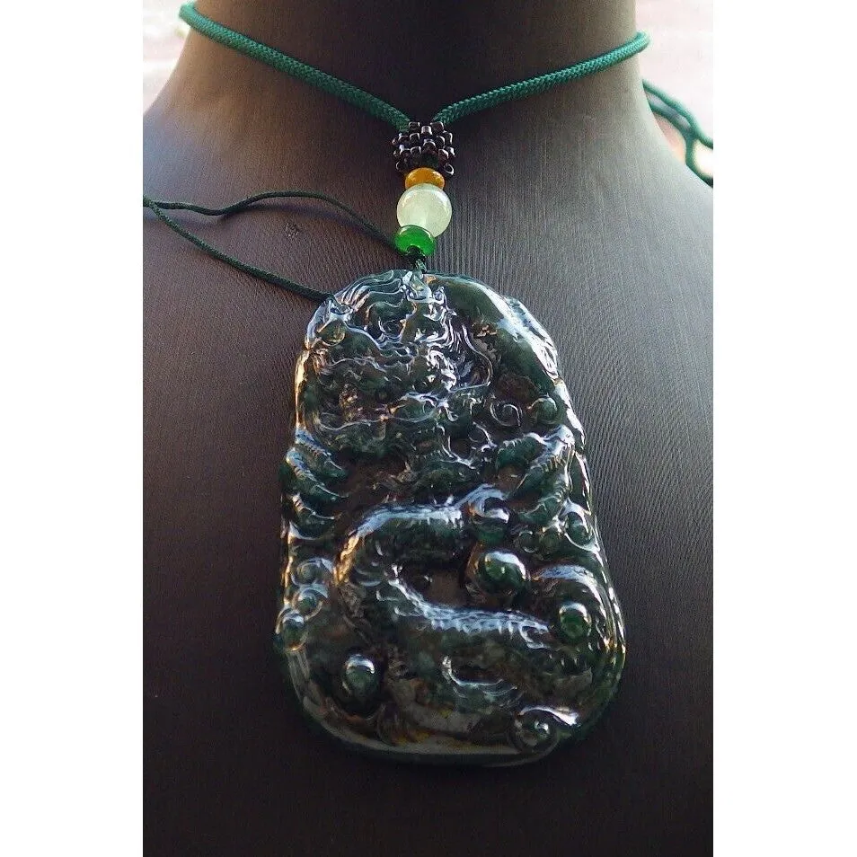 Certified Icy Green 100% Burma Natural A Jade Jadeite Pendant Dragon Necklace