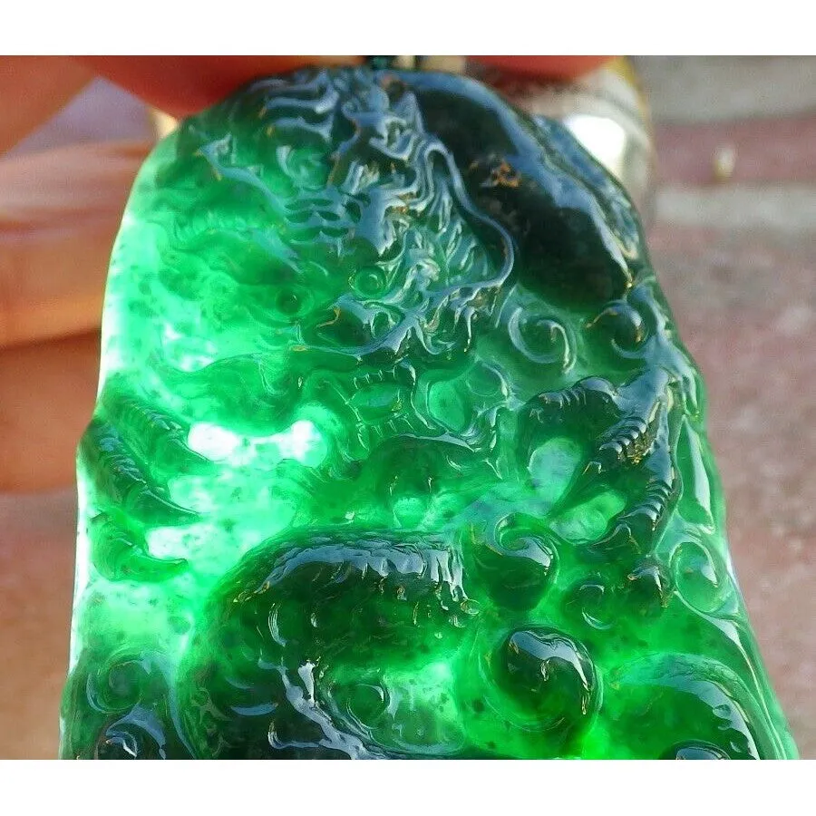 Certified Icy Green 100% Burma Natural A Jade Jadeite Pendant Dragon Necklace