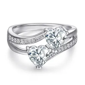 Colourful Two Heart Zircon Modern Split Shank Silver Ring for Women