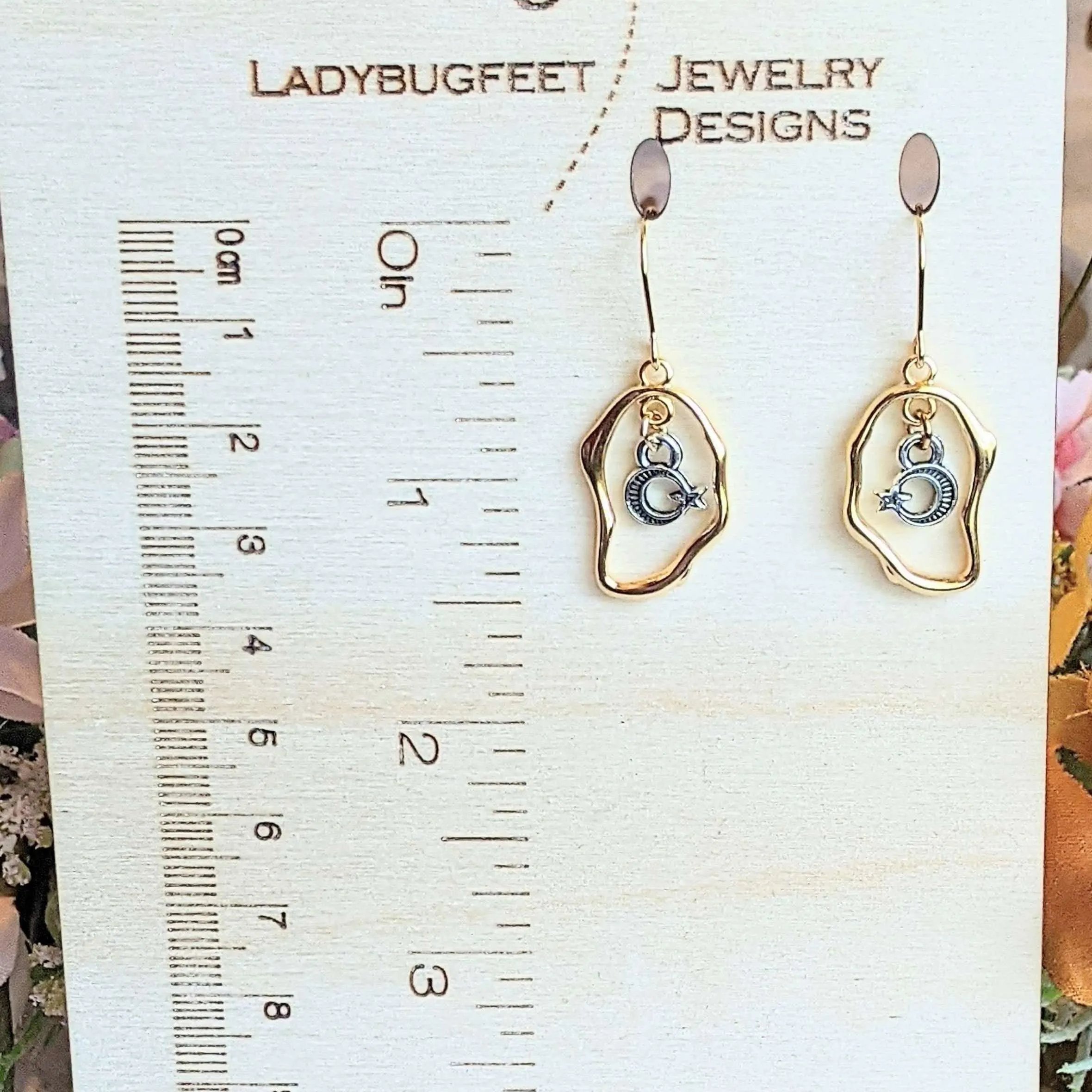 Crescent Moon Star dangle earrings, Two-Tone