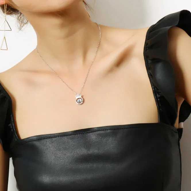 Crown with Round Zircon Circle Pendant Silver Necklace  for Women