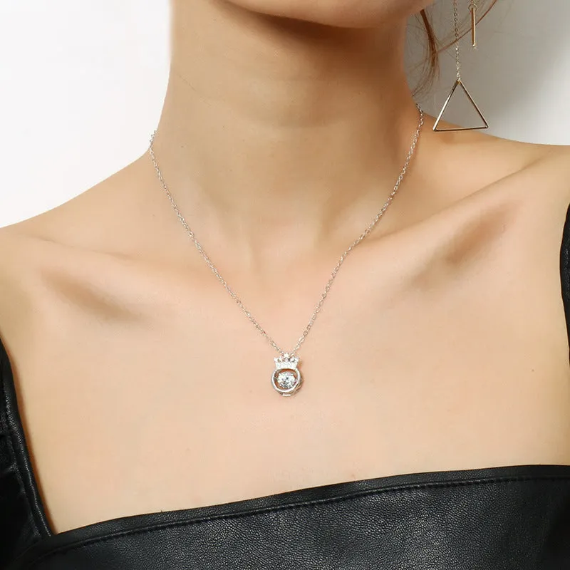 Crown with Round Zircon Circle Pendant Silver Necklace  for Women