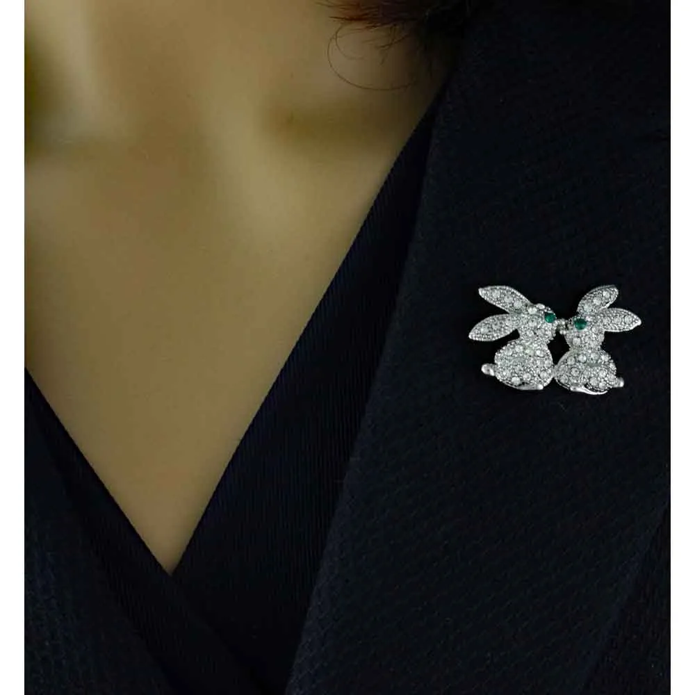 Crystal Kissing Easter Bunnies Brooch Pin in Silver - PRA012