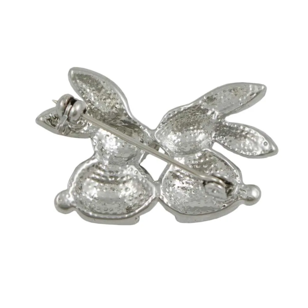 Crystal Kissing Easter Bunnies Brooch Pin in Silver - PRA012