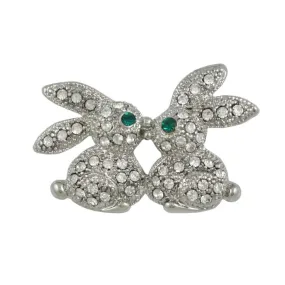 Crystal Kissing Easter Bunnies Brooch Pin in Silver - PRA012