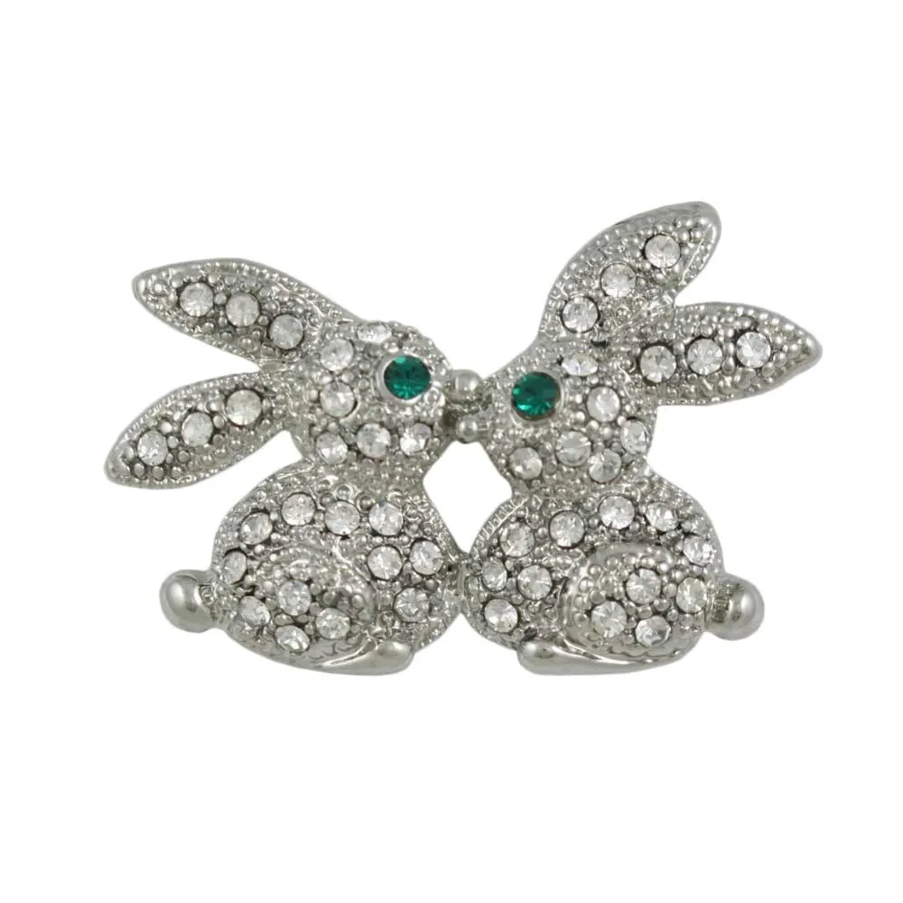 Crystal Kissing Easter Bunnies Brooch Pin in Silver - PRA012