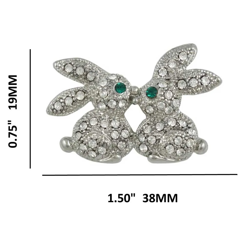 Crystal Kissing Easter Bunnies Brooch Pin in Silver - PRA012