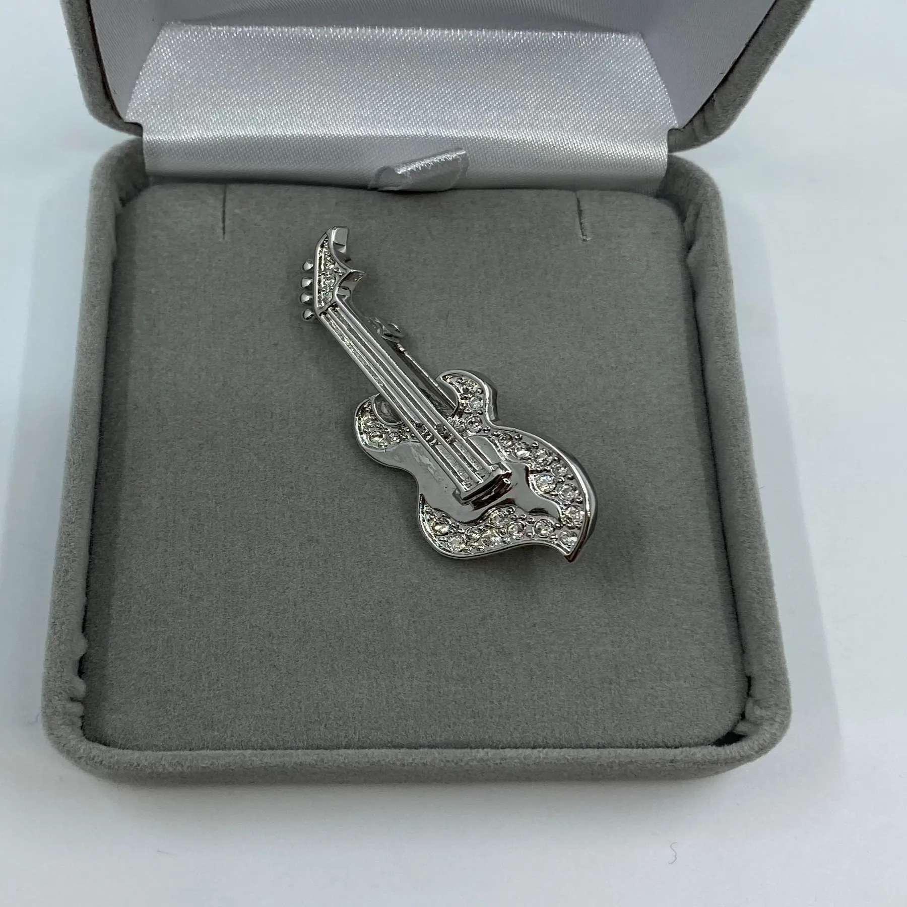 Cubic Zirconia Guitar Brooch - Sterling Silver