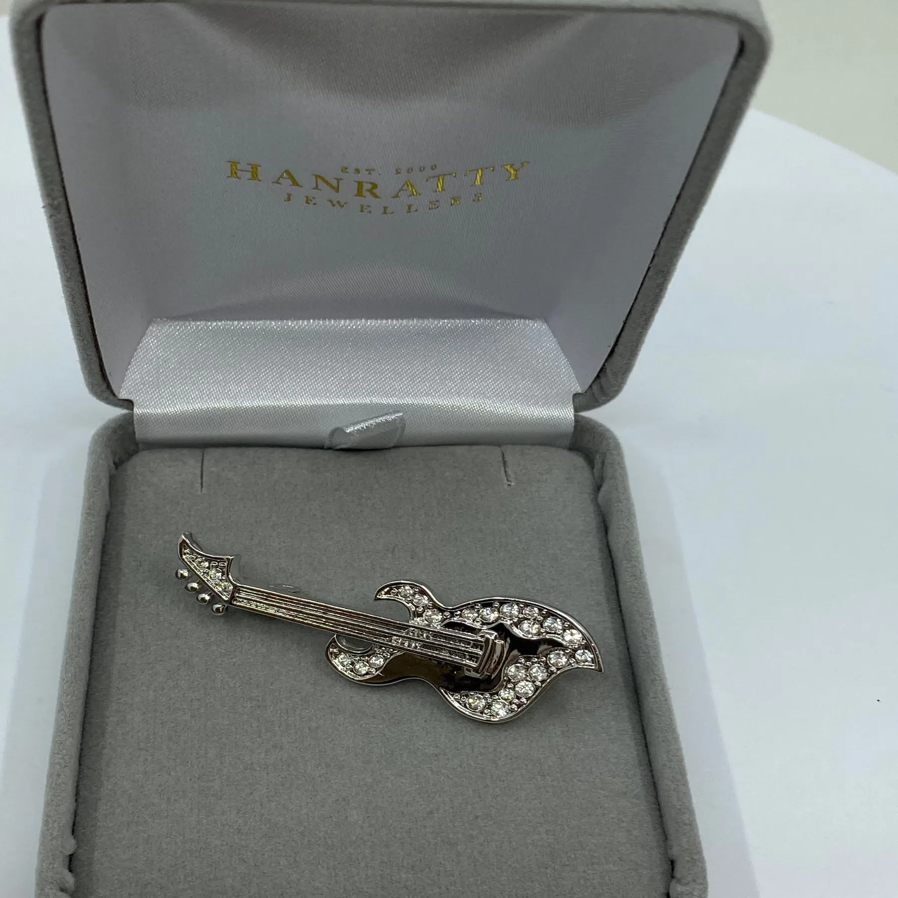 Cubic Zirconia Guitar Brooch - Sterling Silver