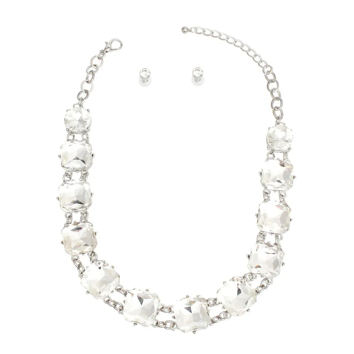 Dazzling Crystal-Adorned Chunky Link Silver Collar Necklace Set