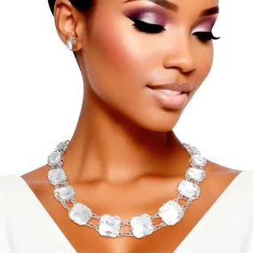 Dazzling Crystal-Adorned Chunky Link Silver Collar Necklace Set
