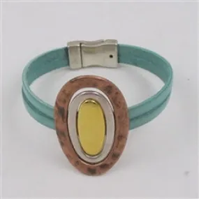Destressed Pastel Turquoise Leather Bracelet Tri-colored Ringed Accent