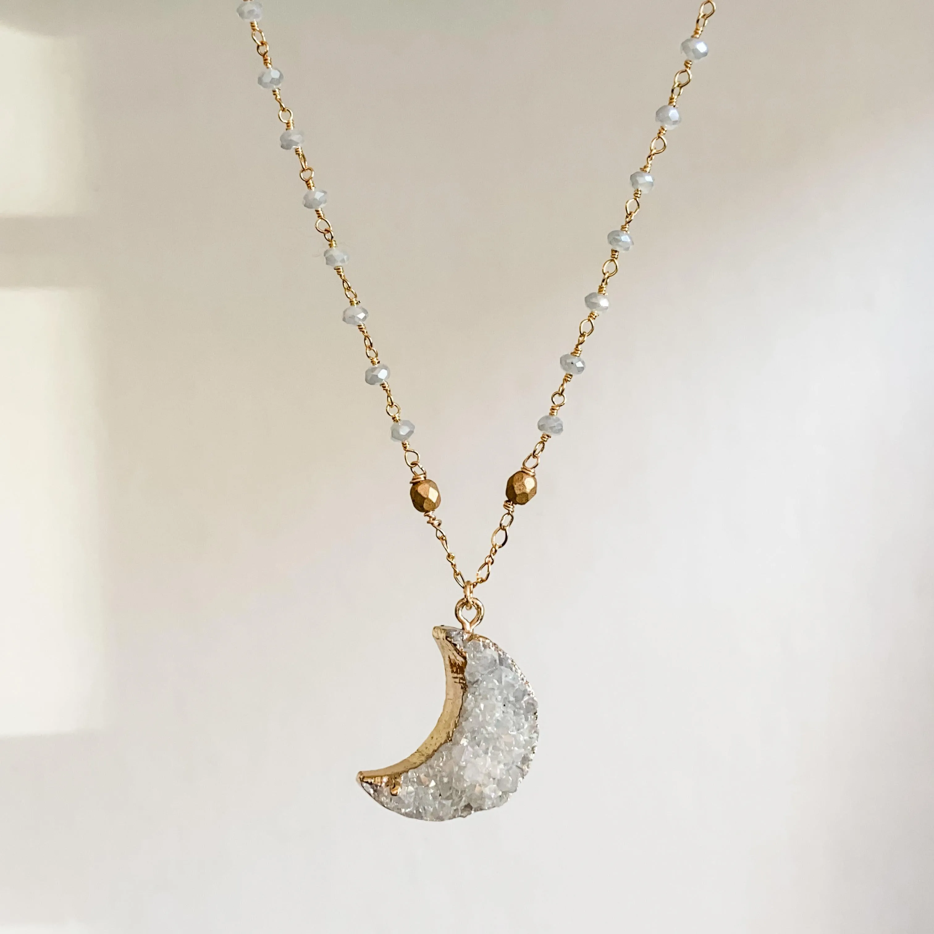 Druzy Quartz Natural Moon, Gray Jade and Brass with 14K Gold Filled Necklace