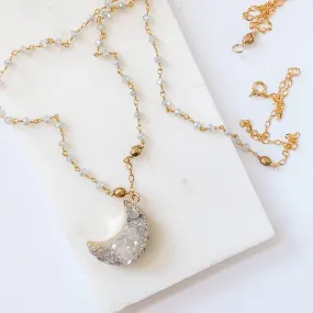 Druzy Quartz Natural Moon, Gray Jade and Brass with 14K Gold Filled Necklace