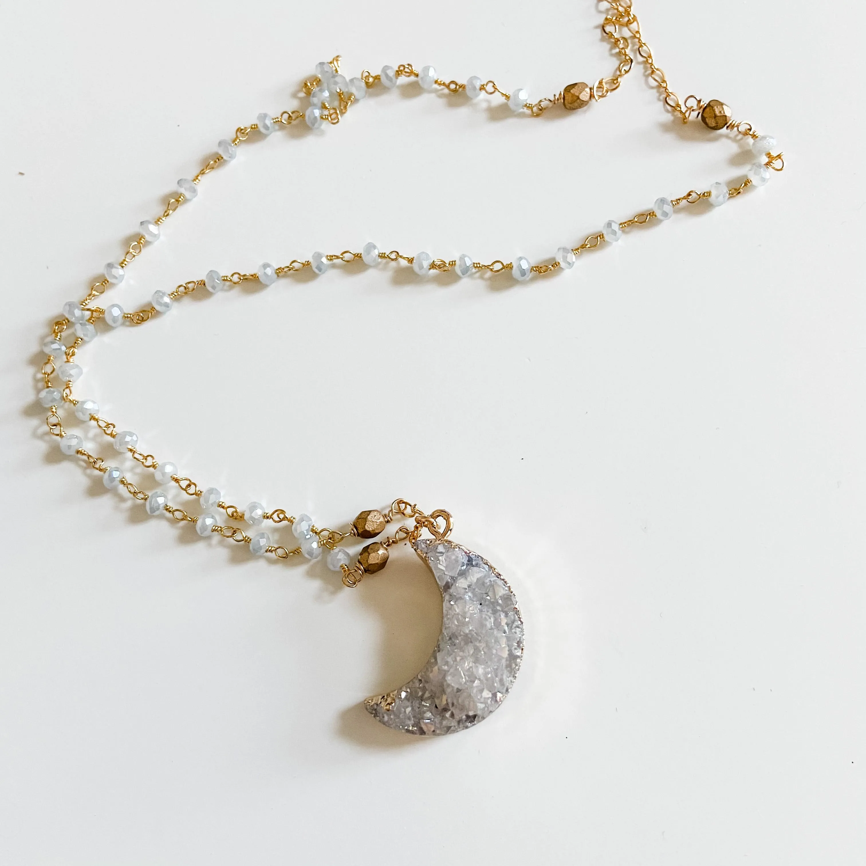 Druzy Quartz Natural Moon, Gray Jade and Brass with 14K Gold Filled Necklace