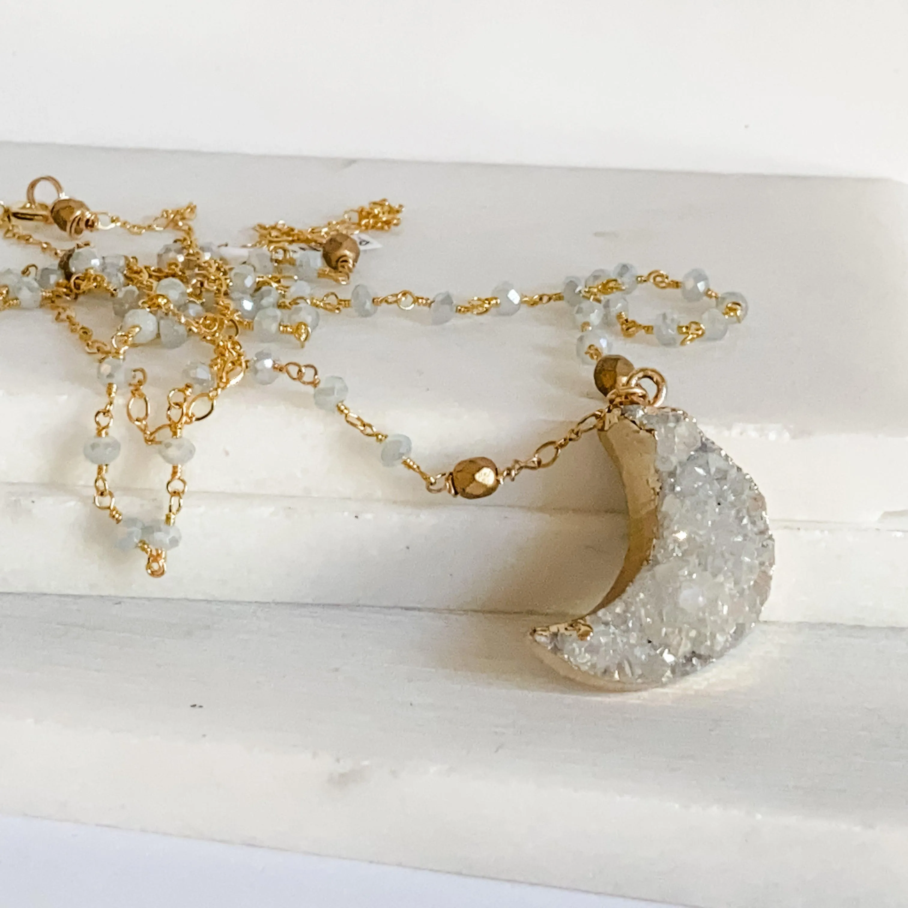 Druzy Quartz Natural Moon, Gray Jade and Brass with 14K Gold Filled Necklace