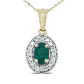 Elegant 14K Yellow Gold Emerald and Diamond Halo Pendant Necklace