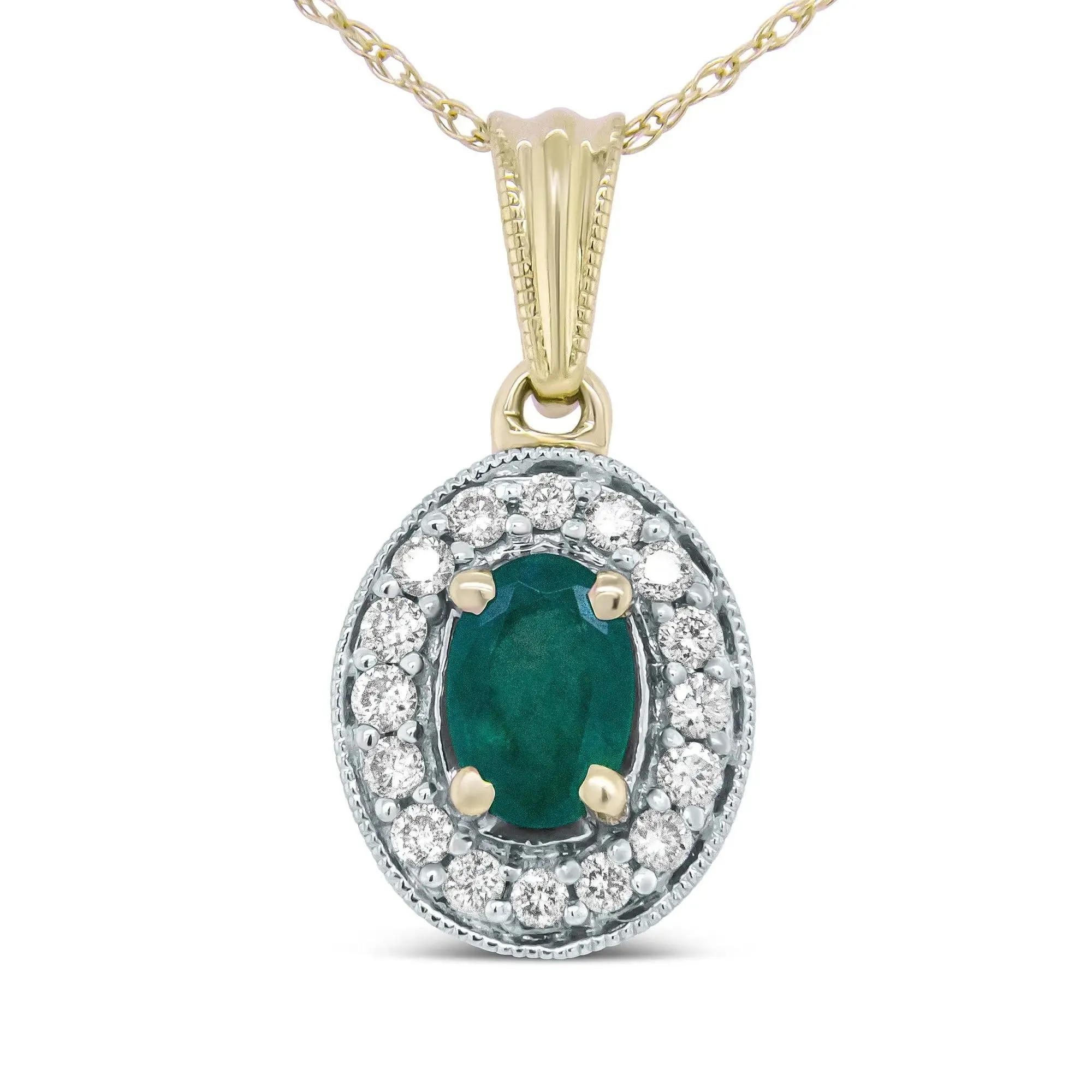 Elegant 14K Yellow Gold Emerald and Diamond Halo Pendant Necklace