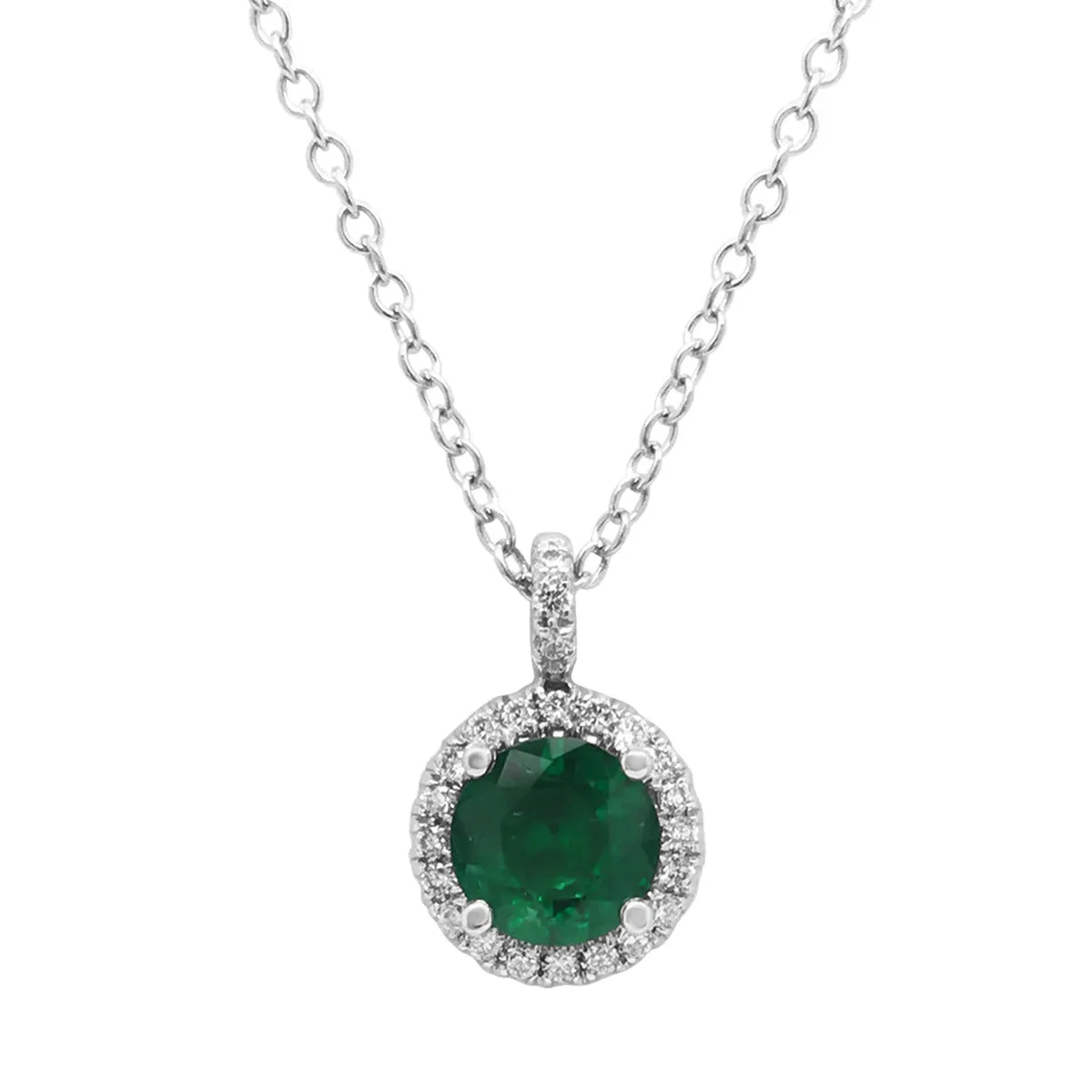 Emerald and Diamond Halo Pendant Necklace