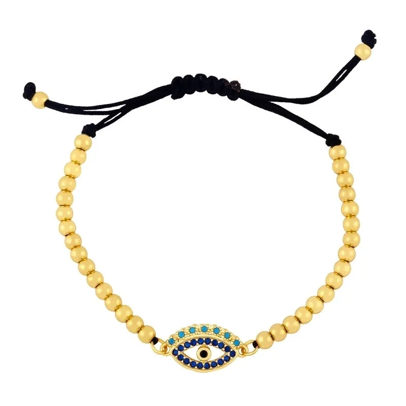 European And American Simple Micro Inlaid Zircon Devil's Eye Bracelet Woven Gold Copper Bead Adjustable Pull Bracelet Brd69