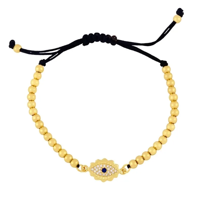 European And American Simple Micro Inlaid Zircon Devil's Eye Bracelet Woven Gold Copper Bead Adjustable Pull Bracelet Brd69