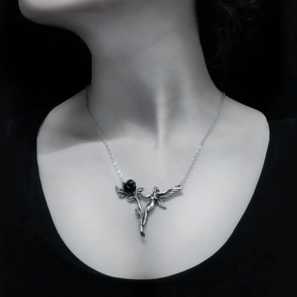 Faerie Glade Fairy Black Rose Necklace by Alchemy Gothic