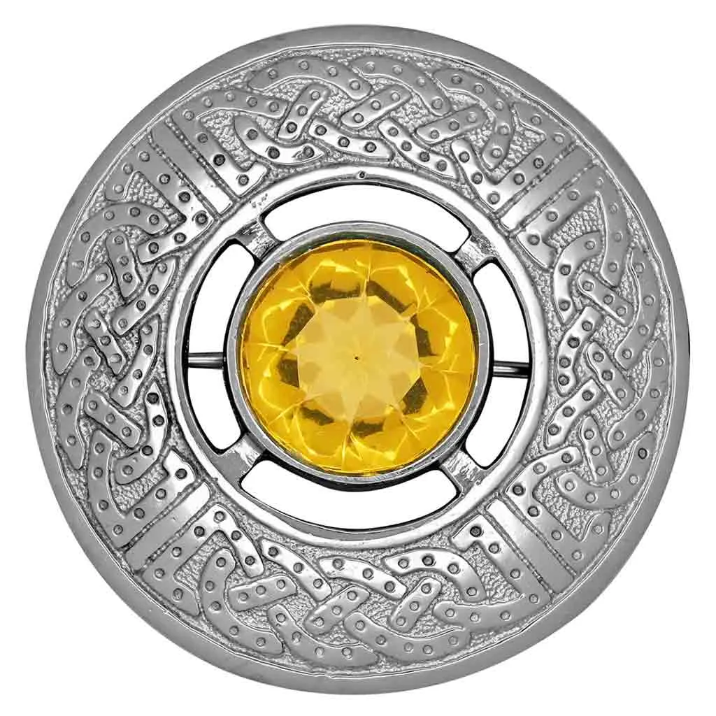 Fancy Amber Stone Fly Plaid Brooch Silver