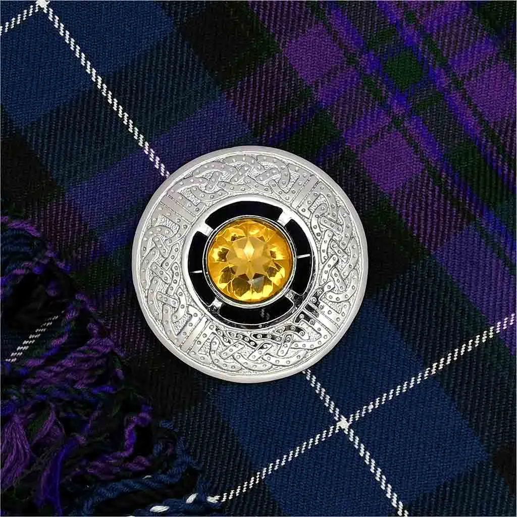 Fancy Amber Stone Fly Plaid Brooch Silver