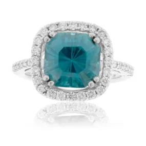 Fancy Step Cut Blue Zircon & Diamond Halo Ring
