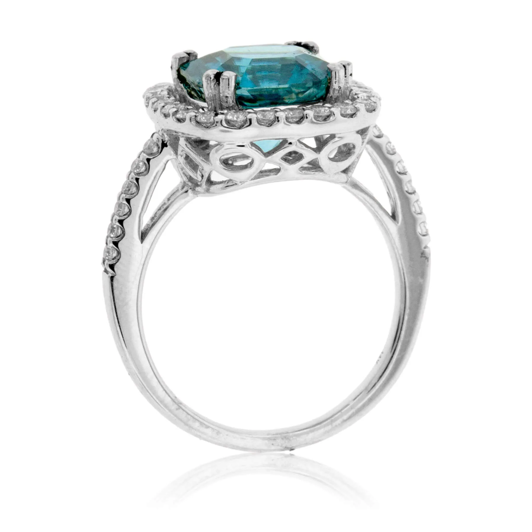 Fancy Step Cut Blue Zircon & Diamond Halo Ring