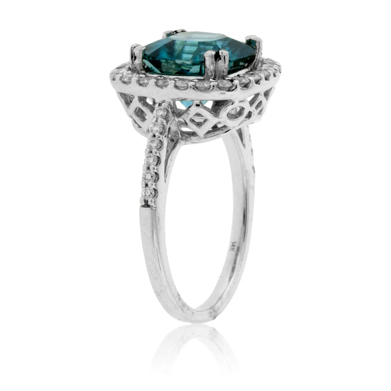 Fancy Step Cut Blue Zircon & Diamond Halo Ring