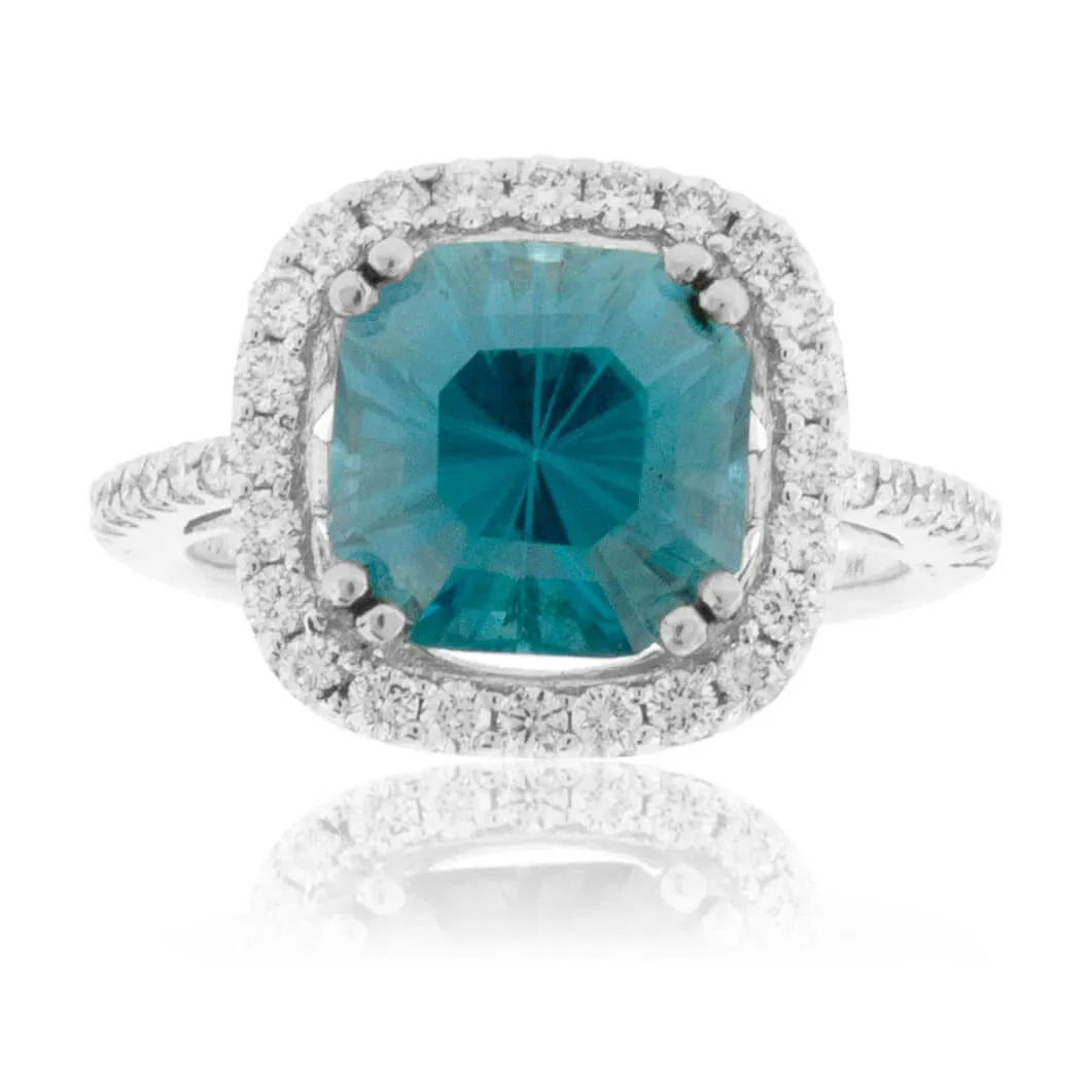 Fancy Step Cut Blue Zircon & Diamond Halo Ring