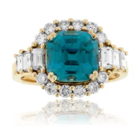 Fancy Step Cut Blue Zircon & Diamond Ring