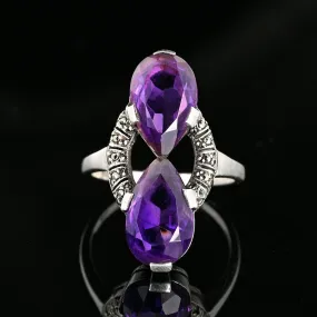 Fine 935 Silver Marcasite Pear Cut Amethyst Ring